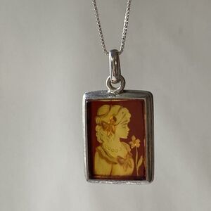 Vintage Amber Girl Intaglio Reverse Carved Cameo Pendant Necklace Sterling 925